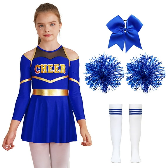 Aiihoo Kids Girls Cheerleading Dress Cheer Leader Suit Long Sleeve Dance Leotard Dress with Stocking B Blue 6