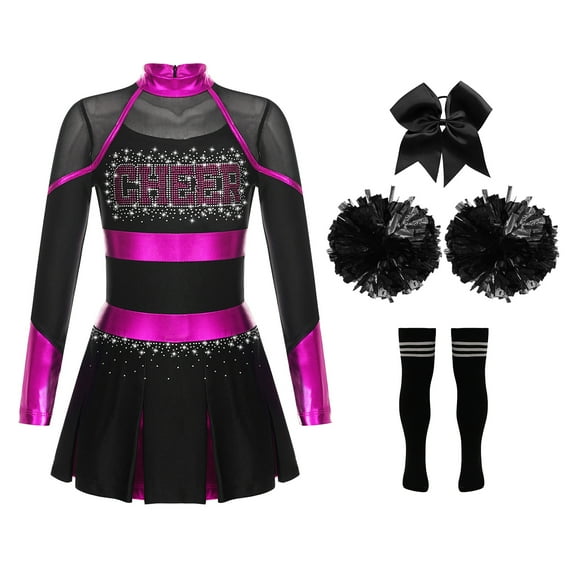 Aiihoo Kids Girls Cheerleading Long Sleeve Cheer Uniform Dance Dress Stocking with Accessories Hot Pink&Black 10