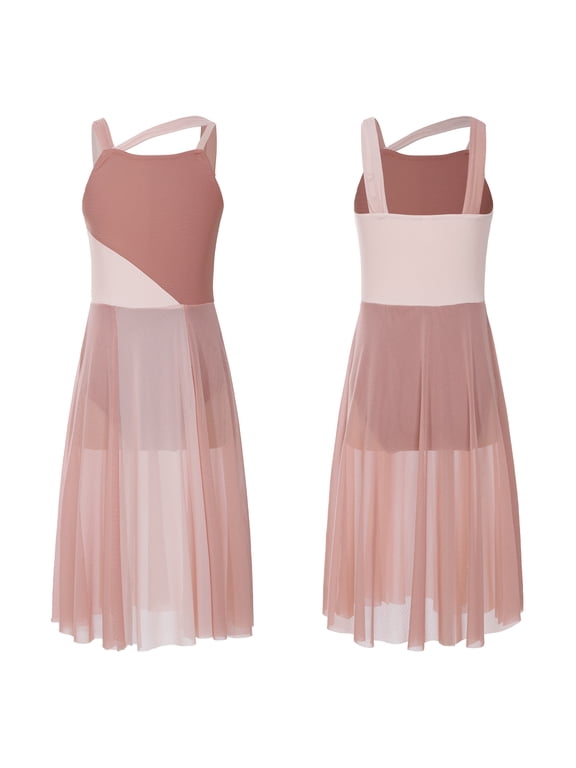 Kids Girls Chiffon Ballet Lyrical Dance Dresses Sleeveless Leotard Dress Modern Contemporary Dress Light Brown 6