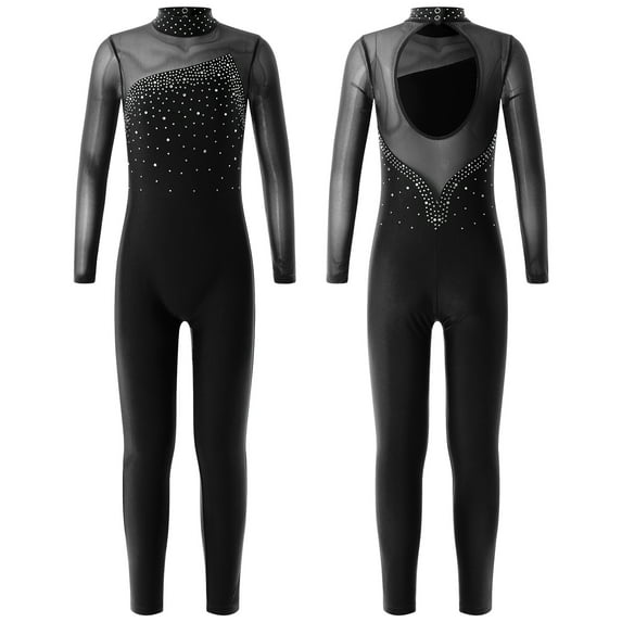 Aiihoo Kids Girls Dance Bodysuit Gymnastics Leotard Rhinestones Skating Jumpsuit Long Sleeve Dance Unitard Black 14