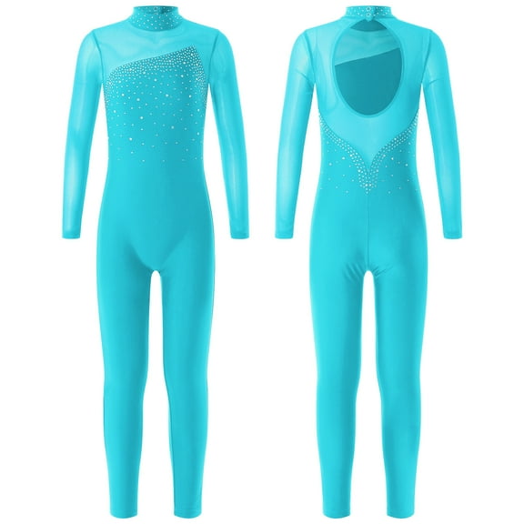 Aiihoo Kids Girls Dance Bodysuit Gymnastics Leotard Rhinestones Skating Jumpsuit Long Sleeve Dance Unitard Lake Blue 6