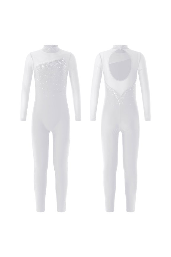 Kids Girls Dance Bodysuit Gymnastics Leotard Rhinestones Skating Jumpsuit Long Sleeve Dance Unitard White 14