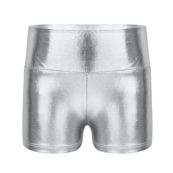 Aiihoo Kids Girls Glossy Metallic High Stretchy Dance Shorts for Sports Gym Fitness Latin Jazz Hip Hop Dancewear Silver 4