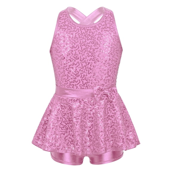 Aiihoo Kids Girls Gymnastic Ballet Leotard Sleeveless Sparkly Sequins Dress Modern Dance Jazz Dancewear Pink 6
