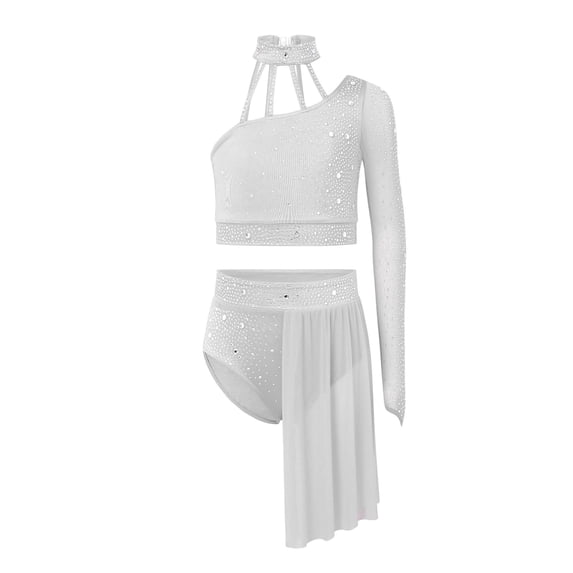 Aiihoo Kids Girls Gymnastics Ballet Lyrical Dance Outfit Sheer Mesh Shiny Rhinestone Crop Top with Irregular Skirt White 10
