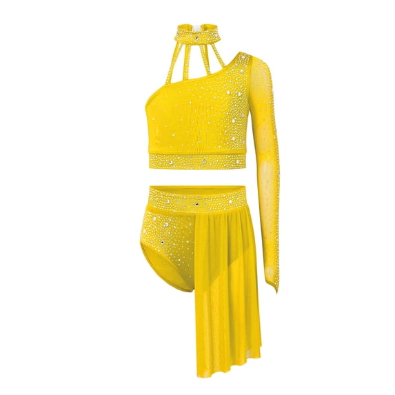 Aiihoo Kids Girls Gymnastics Ballet Lyrical Dance Outfit Sheer Mesh Shiny Rhinestone Crop Top with Irregular Skirt Yellow 12