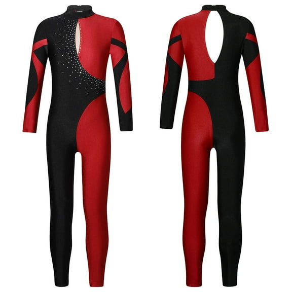 Aiihoo Kids Girls Gymnastics Leotards Color Block Long Sleeve Ballet Dance Unitard Jumpsuit Full Body Bodysuit Burgundy 6