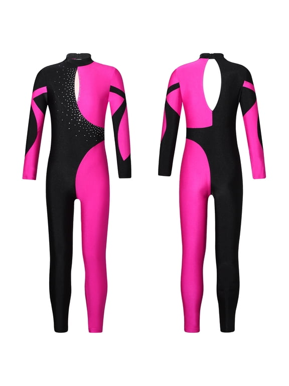 Kids Girls Gymnastics Leotards Color Block Long Sleeve Ballet Dance Unitard Jumpsuit Full Body Bodysuit Hot Pink 8