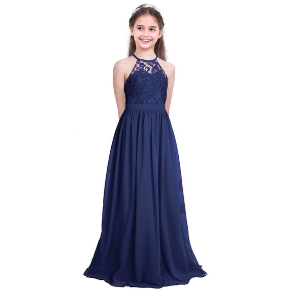Aiihoo Kids Girls Halter Neck Chiffon Lace Long Dresses Wedding Evening Party Dance Prom Maxi Gown Dress Navy Blue 12