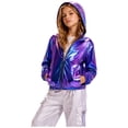 thumbnail image 1 of Aiihoo Kids Girls Hip Hop Hooded Jacket Sparkly Metallic Zipper Short Jacket Coat Outerwear Club Rave Wear Blue 10, 1 of 6