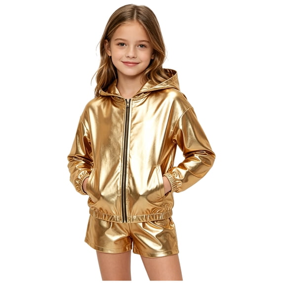 Aiihoo Kids Girls Hip Hop Hooded Jacket Sparkly Metallic Zipper Short Jacket Coat Outerwear Club Rave Wear Gold 6