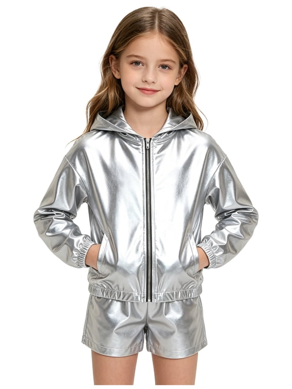 Kids Girls Hip Hop Hooded Jacket Sparkly Metallic Zipper Short Jacket Coat Outerwear Club Rave Wear Silver 6