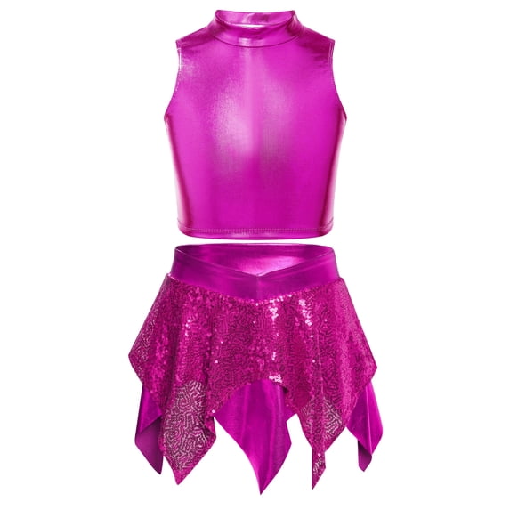 Aiihoo Kids Girls Hip Hop Jazz Dance Outfits Sleeveless Metallic Crop Tops with Shiny Sequins Skirt Cheerleading Performance Outfits Hot Pink 10