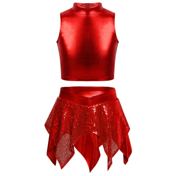 Aiihoo Kids Girls Hip Hop Jazz Dance Outfits Sleeveless Metallic Crop Tops with Shiny Sequins Skirt Cheerleading Performance Outfits Red 12