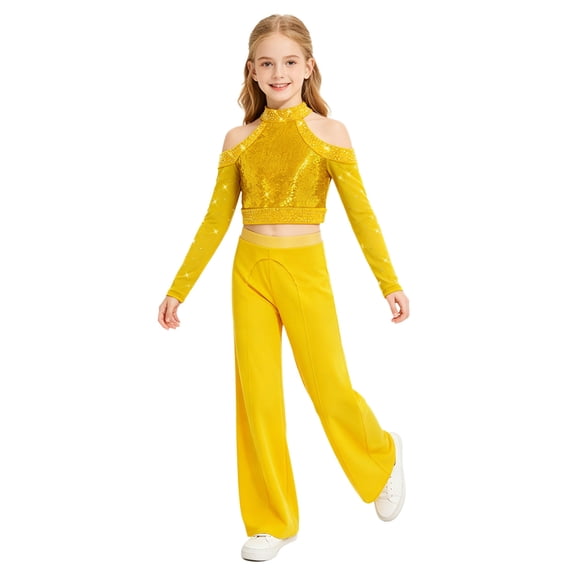 Aiihoo Kids Girls Jazz Dance Outfit Shiny Sequins Cold Shoulder Long Sleeve Crop Top with Mesh Wide-leg Pants Lyrical Ballet Outfit Gold 8