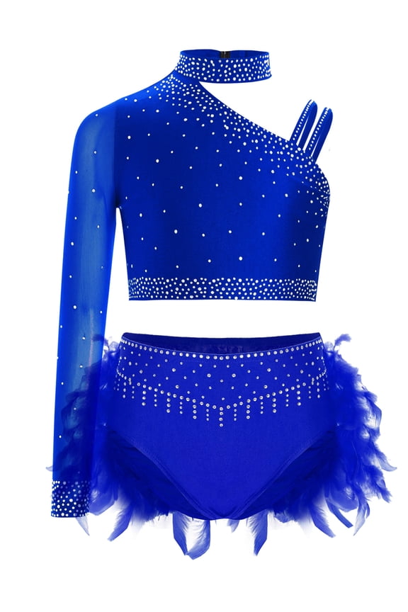 Kids Girls Jazz Dance Outfit Sparkly 2 Piece Ballet Lyrical Dance Crop Top with Feather Blue 8
