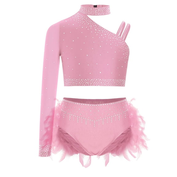 Aiihoo Kids Girls Jazz Dance Outfit Sparkly 2 Piece Ballet Lyrical Dance Crop Top with Feather Pink 14