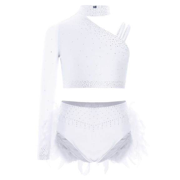 Aiihoo Kids Girls Jazz Dance Outfit Sparkly 2 Piece Ballet Lyrical Dance Crop Top with Feather White 10
