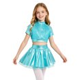 thumbnail image 1 of Aiihoo Kids Girls Jazz Dance Performance Outfit Mock Neck Short Sleeve Sequins Metallic Shirt Crop Top with Shiny Tutu Skirt Streetwear Blue 14, 1 of 6