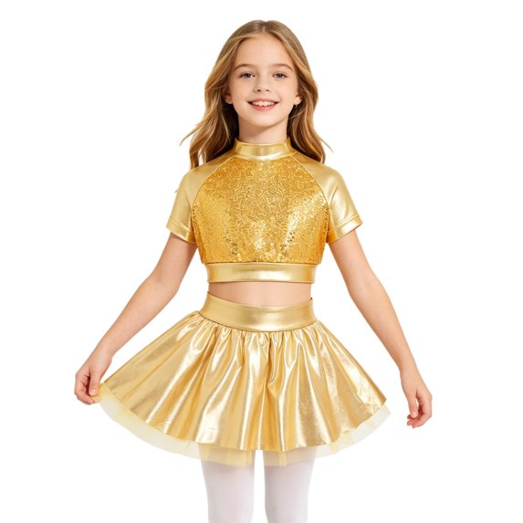 Aiihoo Kids Girls Jazz Dance Performance Outfit Mock Neck Short Sleeve Sequins Metallic Shirt Crop Top with Shiny Tutu Skirt Streetwear Gold 6