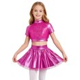 thumbnail image 1 of Aiihoo Kids Girls Jazz Dance Performance Outfit Mock Neck Short Sleeve Sequins Metallic Shirt Crop Top with Shiny Tutu Skirt Streetwear Rose 12, 1 of 6