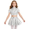 thumbnail image 1 of Aiihoo Kids Girls Jazz Dance Performance Outfit Mock Neck Short Sleeve Sequins Metallic Shirt Crop Top with Shiny Tutu Skirt Streetwear Silver 14, 1 of 6