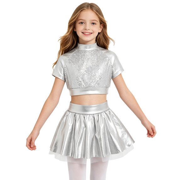 Aiihoo Kids Girls Jazz Dance Performance Outfit Mock Neck Short Sleeve Sequins Metallic Shirt Crop Top with Shiny Tutu Skirt Streetwear Silver 14