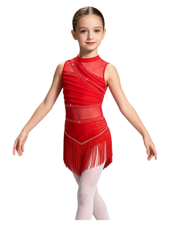 Kids Girls Latin Dance Ballroom Cha-cha Samba Salsa Figure Skating Leotard Dress Shiny Rhinestones Sheer Mesh Tassel Bodysuit Dress Red 6