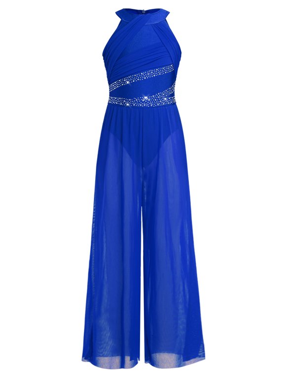 Kids Girls Lyrical Modern Dance Jumpsuit Sleeveless Shiny Rhinestone Ruched Bodice Mesh Wide-leg Pants Bodysuit Ballet Leotards Blue 6