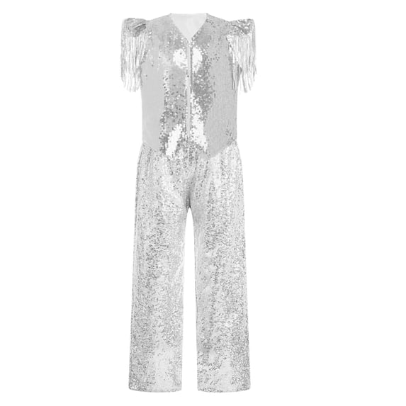 Aiihoo Kids Girls Metallic Disco Jazz Dance Outfit Tassels Cap Sleeves Sparkly Sequin Vest with Pants for Hippie Hip Hop Street Dancing Silver 12