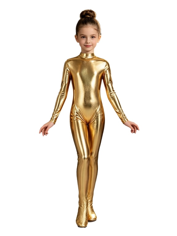 Kids Girls Metallic Gymnastics Ballet Dance Unitard Performance Footed Jumpsuit Long Sleeve Zipper Front Shiny Bodysuit Gold 8