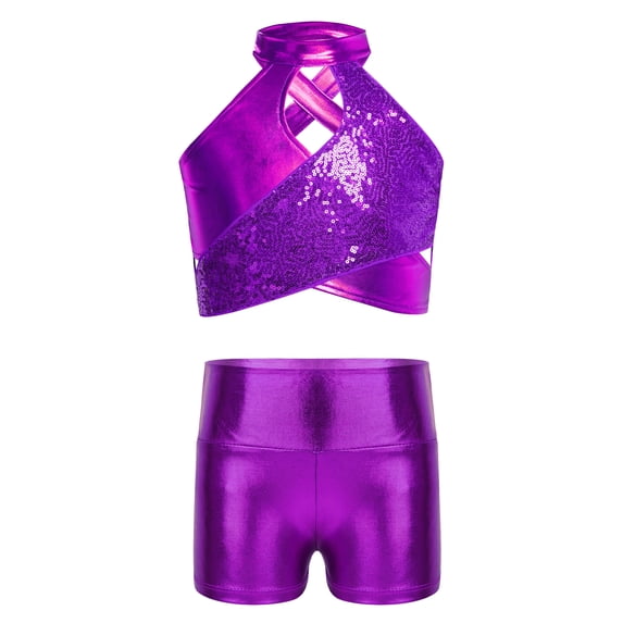 Aiihoo Kids Girls Metallic Jazz Skating Ballet Gymnastics Outfits Cross Keyhole Sparkly Sequins Crop Top with Skirted Shorts Set Purple 10