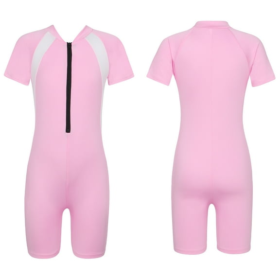 Aiihoo Kids Girls One Piece Short Sleeves Front Zipper Rash Guard Summer Shorty Unitards Swimsuits Beachwear Sunsuit Pink 12
