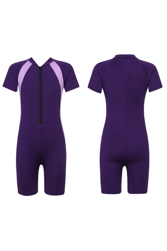Kids Girls One Piece Short Sleeves Front Zipper Rash Guard Summer Shorty Unitards Swimsuits Beachwear Sunsuit Purple 12