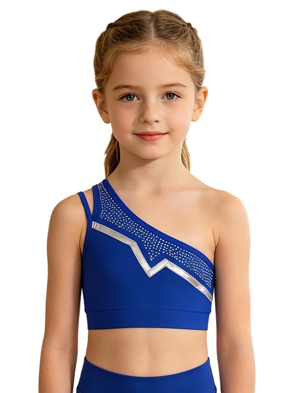 Kids Girls One Shoulder Dance Tops Sleeveless Metallic Trim Shiny Rhinestones Gymnastics Crop Top Sports Vest Royal Blue 6