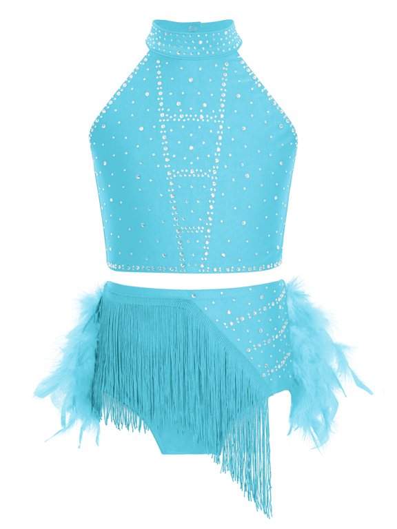 Kids Girls Rhinestone Lyrical Latin Jazz Dance Crop Top with Feather Briefs Skirt Figure Skating Cha-cha Performance Outfits Blue Green 6