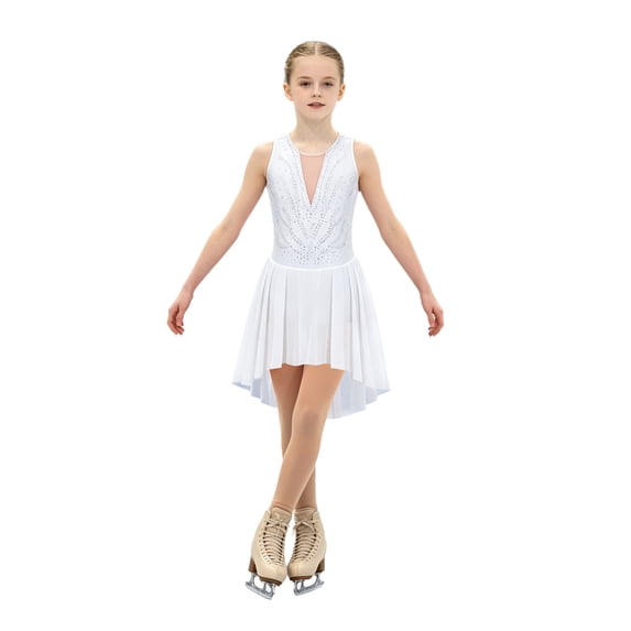 Aiihoo Kids Girls Rhinestone Rhythmic Gymnastic Dress Sleeveless Dress Figure Skating Lyrical Modern Dancewear White 12