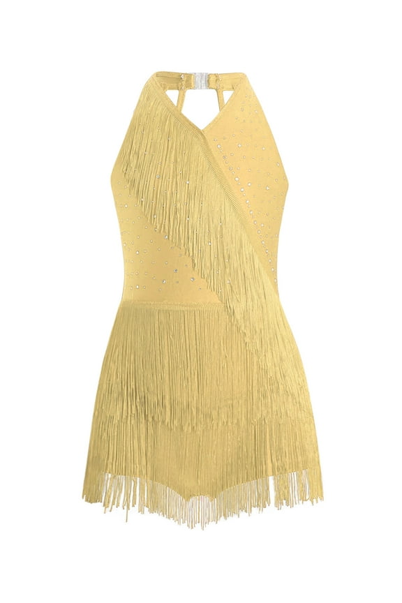 Kids Girls Rhinestones Latin Jazz Dance Dress Tango Rumba Samba Dance Fringe Leotard Yellow 6