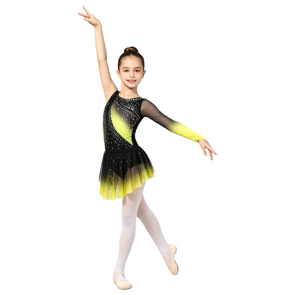 Aiihoo Kids Girls Rhythmic Gymnastics Ballet Jersey Lyrical Dance Dress Split Shiny Rhinestones Ballet Leotard Dress Yellow 6