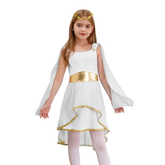 Aiihoo Kids Girls Roman Princess Toga Sets Chiffon Cape Shoulder Short Dress with Garland Headband White 6