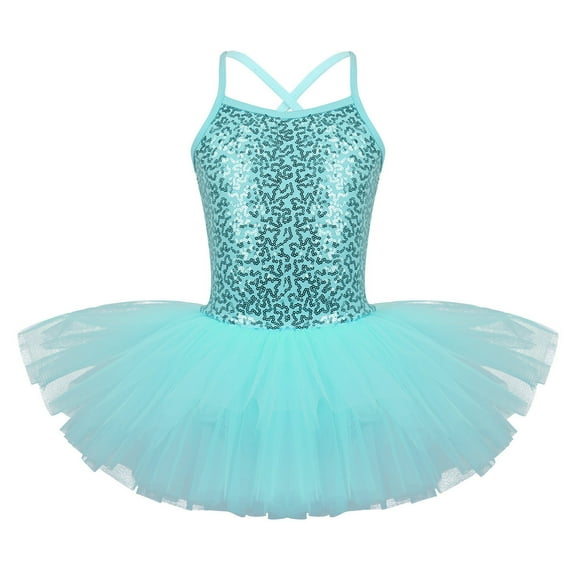 Aiihoo Kids Girls Sequin Ballet Dance Dress Tutu Skirted Leotard Ballerina Gymnastics Dancewear Turquoise 3-4