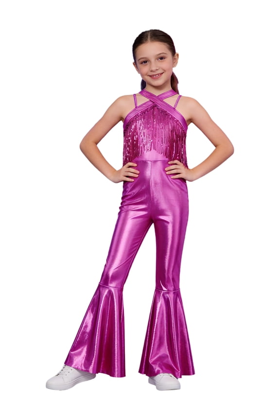 Kids Girls Shiny Metallic Disco Dance Jumpsuit One Piece Sleeveless Zipper Sequins Rompers Tassels Long Flare Pants Bodysuit Hot Pink 12