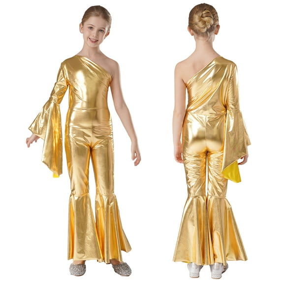 Aiihoo Kids Girls Shiny Metallic One Shoulder Flare Sleeve Dance Jumpsuit Unitard Bodysuit Gold 10