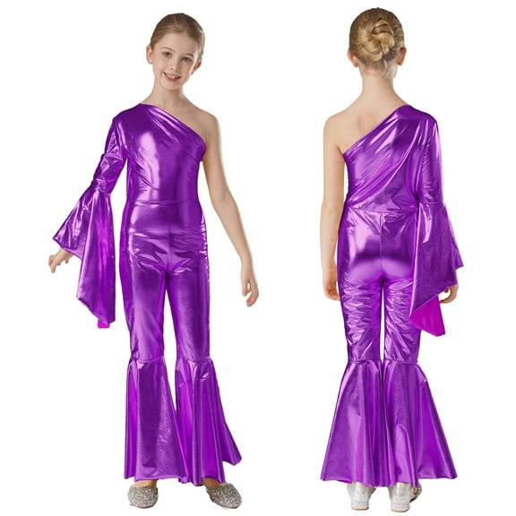 Aiihoo Kids Girls Shiny Metallic One Shoulder Flare Sleeve Dance Jumpsuit Unitard Bodysuit Purple 6