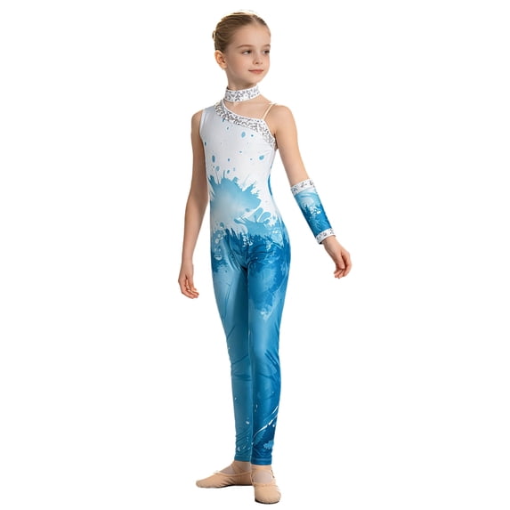 Aiihoo Kids Girls Shiny Sequins Gymnastics Jumpsuit Sleeveless Asymmetrical Bodysuit with Glove Figure Skating Ballet Outfit Light Green 8