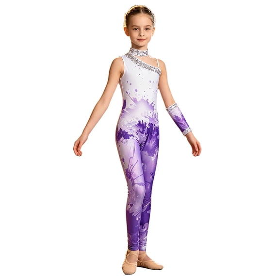 Aiihoo Kids Girls Shiny Sequins Gymnastics Jumpsuit Sleeveless Asymmetrical Bodysuit with Glove Figure Skating Ballet Outfit Purple 12