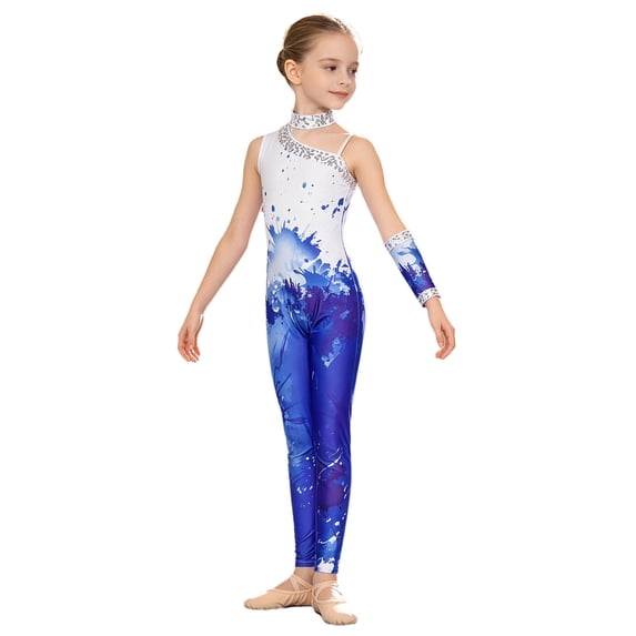 Aiihoo Kids Girls Shiny Sequins Gymnastics Jumpsuit Sleeveless Asymmetrical Bodysuit with Glove Figure Skating Ballet Outfit Royal Blue 10