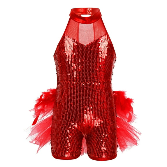 Aiihoo Kids Girls Sleeveless Mesh Splice Shiny Sequins Dance Leotards Ruffles Tulle Jumpsuit Jazz Gymnastics Unitards Red 8