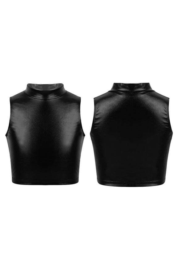 Kids Girls Sleeveless Mock Neck Shiny Metallic Athletic Crop Top Plain Ballet Workout Sports Bra Yoga Gymnastics Black 8