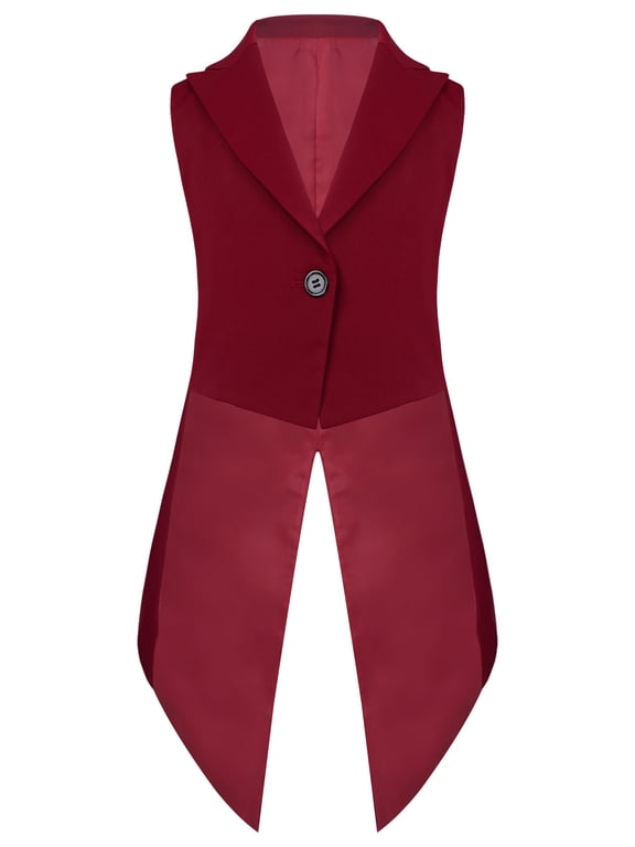 Kids Girls Solid Color Sleeveless Formal Blazer Tailcoat Lapel V Neck One-button Swallowtail Jacket Coat for Performance Party Burgundy 6